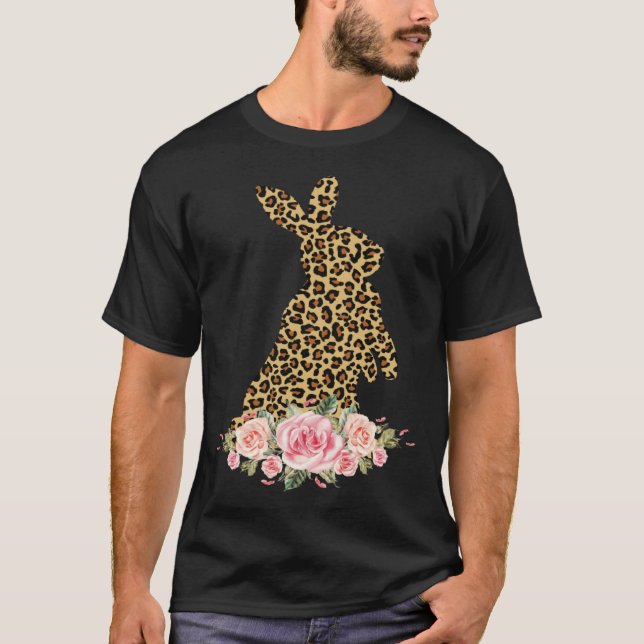 Bunny Flowers Leopard Print Girls Women Happy East T Shirt (Framsida)