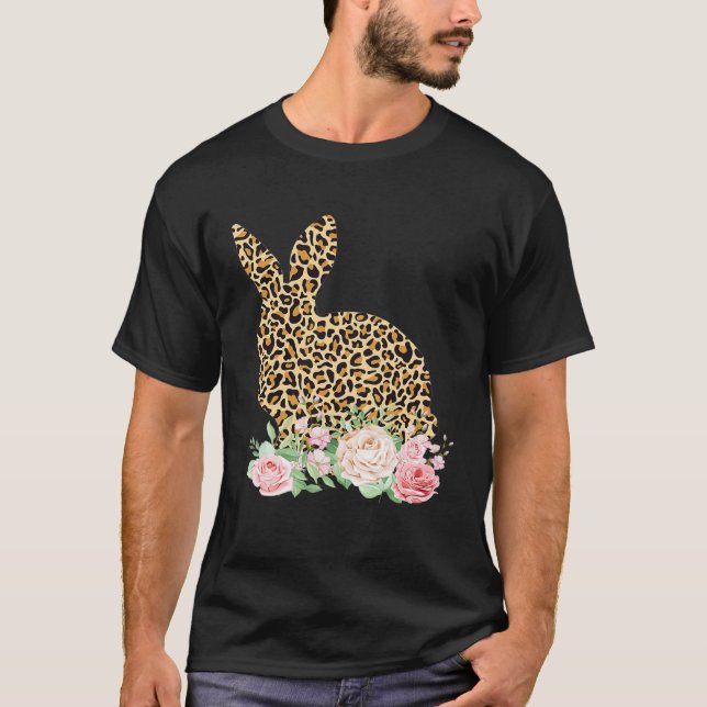 Bunny Flowers Leopard Print Girls Women Happy East T Shirt (Framsida)
