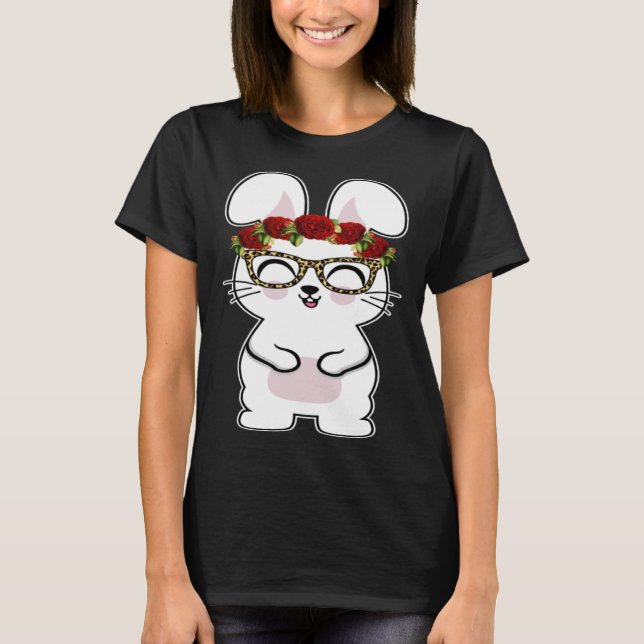 Bunny Flowers Leopard Print Glasses Happy Easter W T Shirt (Framsida)