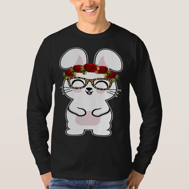 Bunny Flowers Leopard Print Glasses Happy Easter W T Shirt (Framsida)