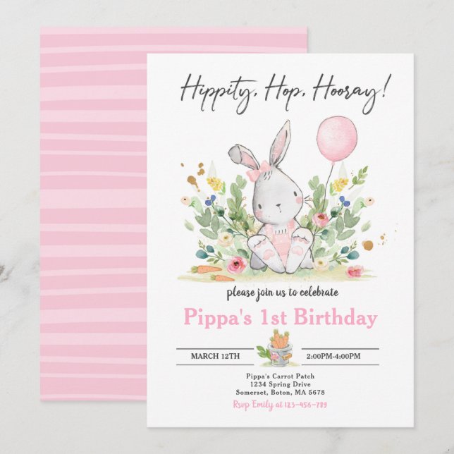 Bunny Födelsedagsfest Rosa Bunny Påsk födelsedag Inbjudningar (Fram/baksida)