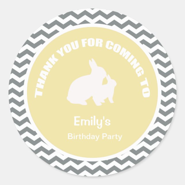 Bunny födelsedagsfest tack gult runt klistermärke (Framsida)
