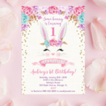 Bunny födelsedagsinbjudan rosa och guld 1:a födels