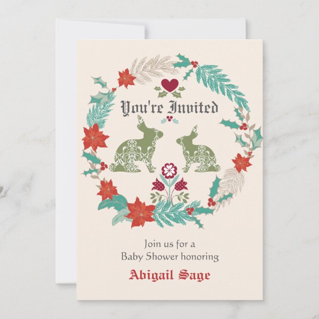 Bunny Folk Art Wintervinter Neutralt Baby Shower Inbjudningar (Framsida)