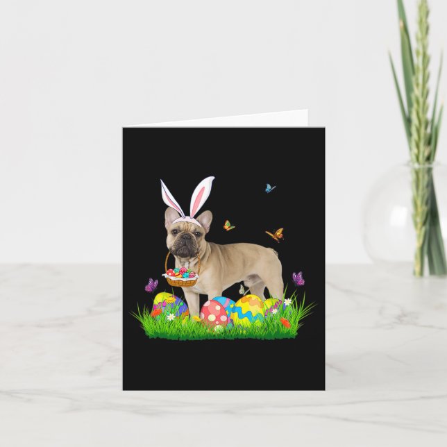 Bunny Fransk Bulldog med Egg Basket Påsk Huntin Kort (Framsida)