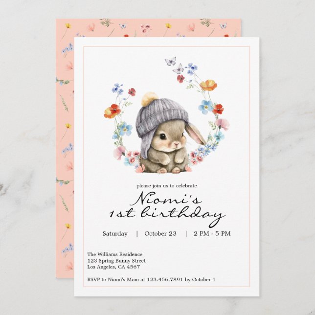 Bunny Garden First Birthday Invitation Inbjudningar (Fram/baksida)
