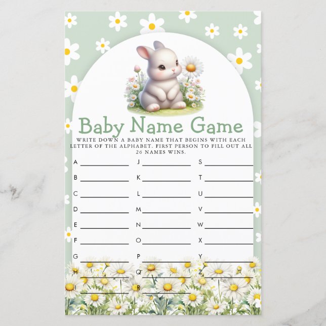 Bunny Gender Neutral Baby Shower Namn Game (Framsida)