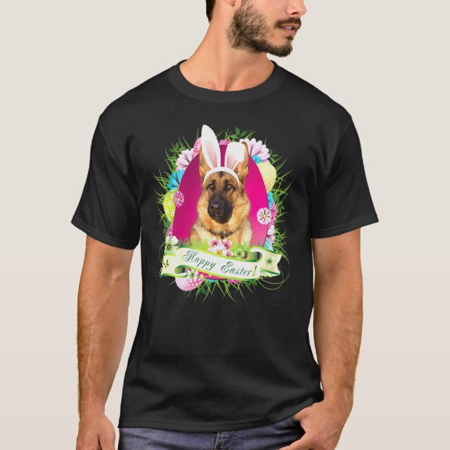 Bunny German Shepherd Hund Glad påsk Day Egg Hun T Shirt (Framsida)