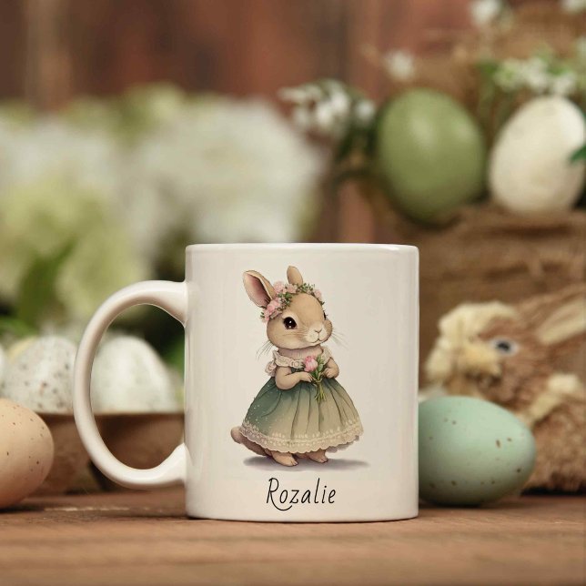 Bunny Girl i en Rosa Blommigt Whimsical Påsk Kaffemugg (Skapare uppladdad)