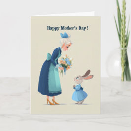 Bunny Giving Flowers to Grandma for Mother's Day Kort