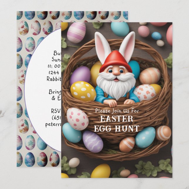 Bunny Gnome i Basket Påskägg Hunt Inbjudningar (Fram/baksida)