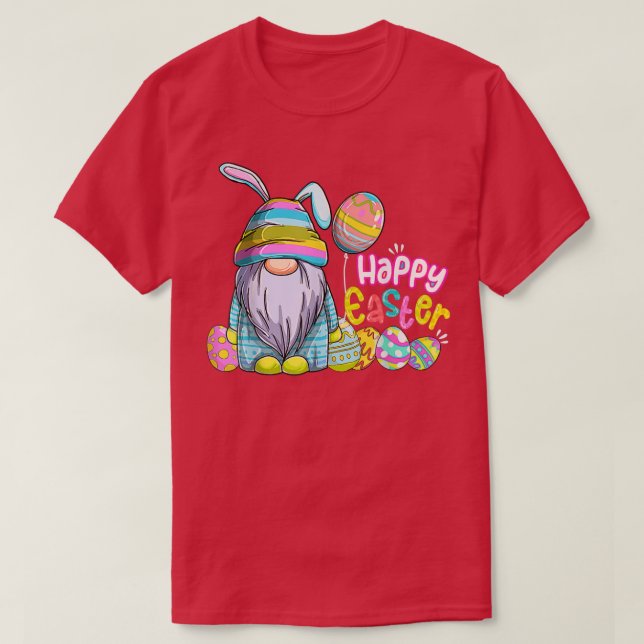 Bunny Gnome-Påskägg som jagar Lycklig Gnome Älskar T Shirt (Design framsida)