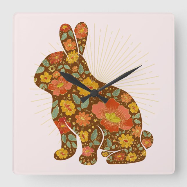 Bunny Guld Glitter Blommigt Rosa Brown Fyrkantig Klocka (Framsida)