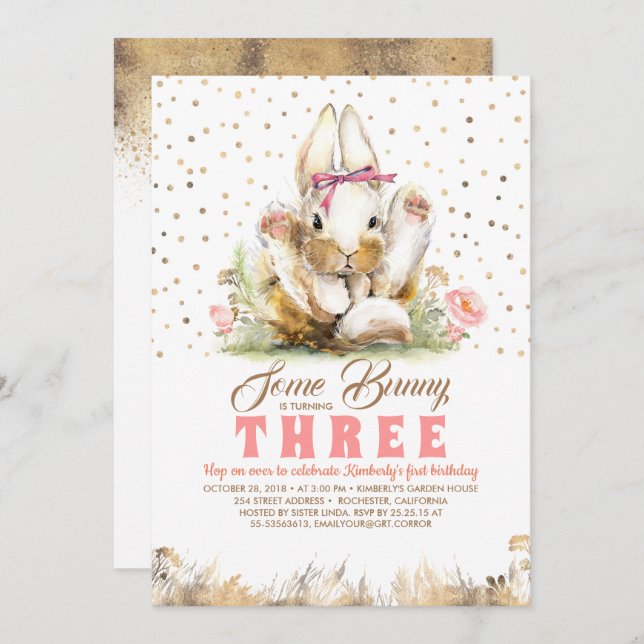 Bunny Guld Glitter Rosa Blommigt  Birthday Inbjudningar (Fram/baksida)