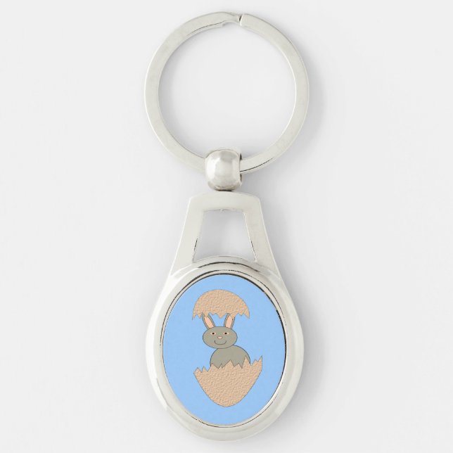 Bunny Hatching från Egg Konstig Keychain Ovalt Silverfärgad Nyckelring (Framsidan)