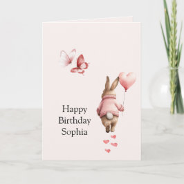 Bunny Heart Balloon Pink Butterflies Birthday Kort