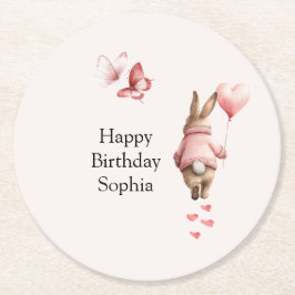 Bunny Heart Balloon Pink Butterflies Birthday Underlägg Papper Rund