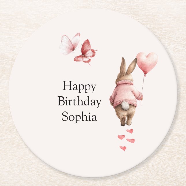 Bunny Heart Balloon Pink Butterflies Birthday Underlägg Papper Rund (Framsidan)