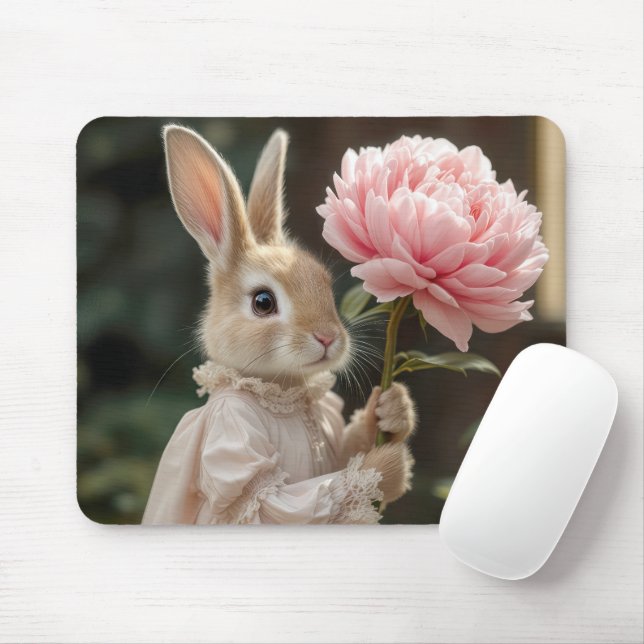 Bunny Holding a Rosa Peony Musmatta (Med mus)
