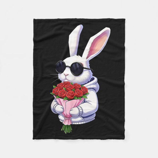 Bunny Hugging Valentine Flower Bunny  Fleecefilt (Framsidan)