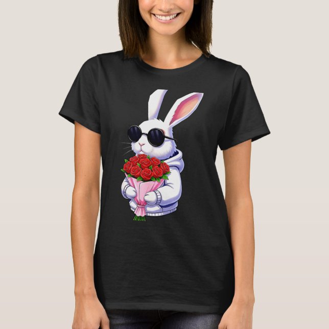 Bunny Hugging Valentine Flower Bunny  T Shirt (Framsida)