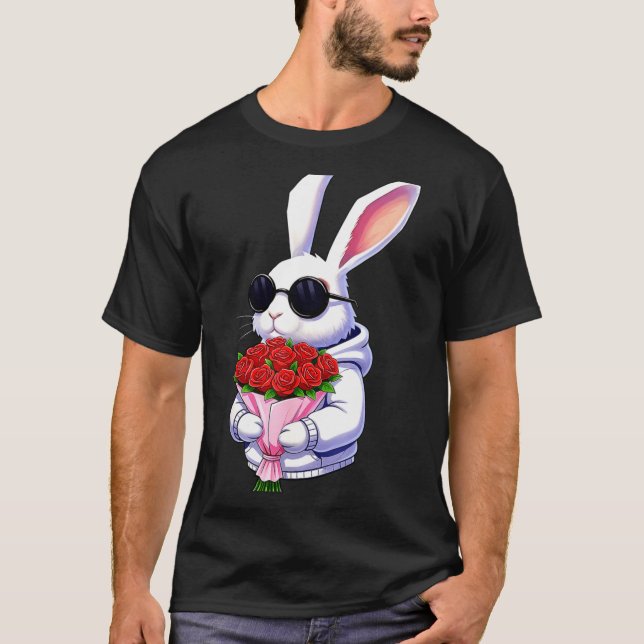 Bunny Hugging Valentine Flower Bunny  T Shirt (Framsida)