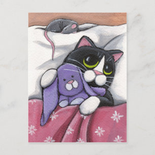 Bunny Hugz   Tuxedo Cat och Leksak Bunny Illustrat Vykort