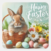 Bunny i basket, blommor och påskägg