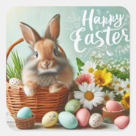 Bunny i basket, blommor och påskägg fyrkantigt klistermärke