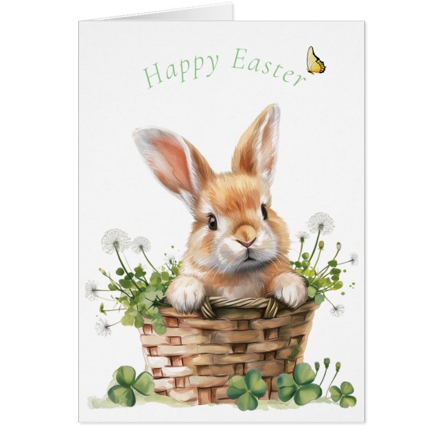 Bunny i Basket med Klöver och Dandelion Poufs Hälsningskort (Framsidan)