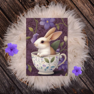 Bunny i Blommigt Tekopp med Lila blommor Helg Vykort