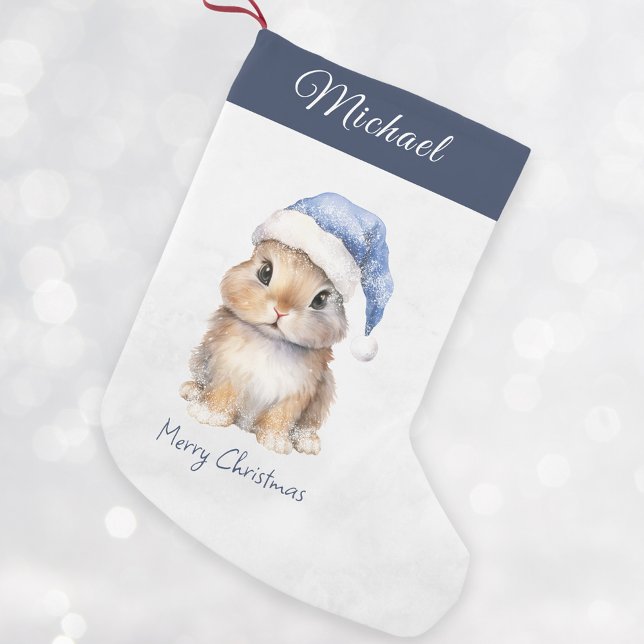 Bunny i Blue Santa's Hat Personlig Liten Julstrumpa (Skapare uppladdad)