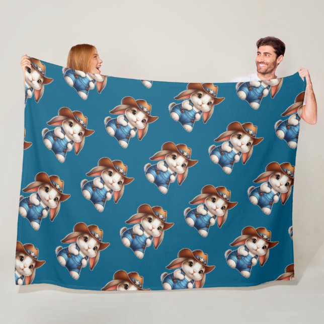 Bunny i Cowboy Outfit with Hat and Overalls Fleecefilt (På plats)