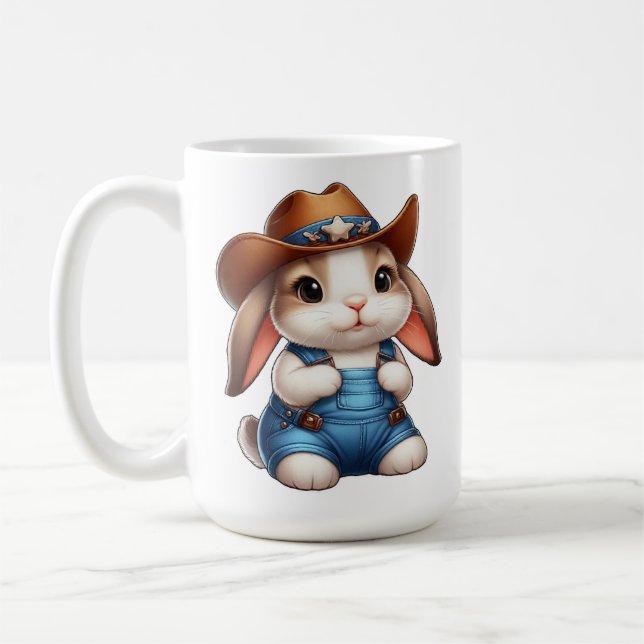 Bunny i Cowboy Outfit with Hat and Overalls Kaffemugg (Vänster)