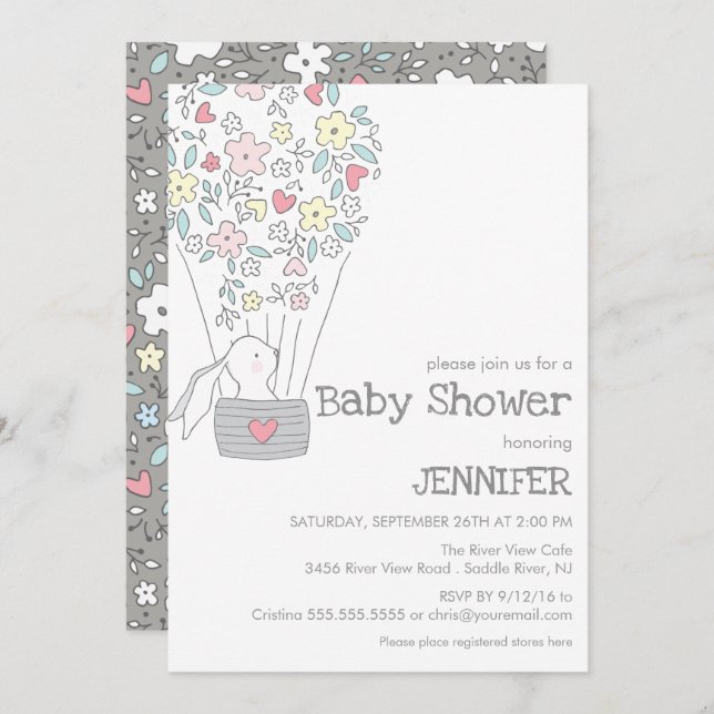 Bunny i luftballong| Barndusch i neutralt Inbjudningar (Fram/baksida)