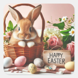 Bunny i påsk basket fyrkantigt klistermärke