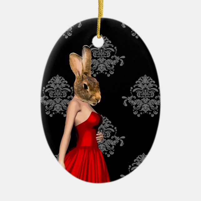 Bunny i röd klänning julgransprydnad keramik (Framsidan)