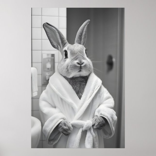 Bunny in Bathrobe Print, Funny Bathroom AI Art Poster (Framsidan)
