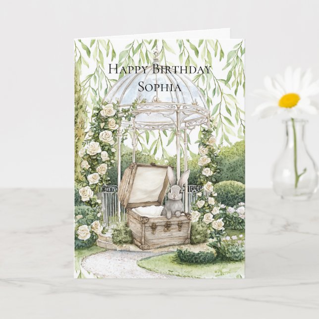 Bunny in Chest Green Leaves Floral Birthday Kort (Liten växt)