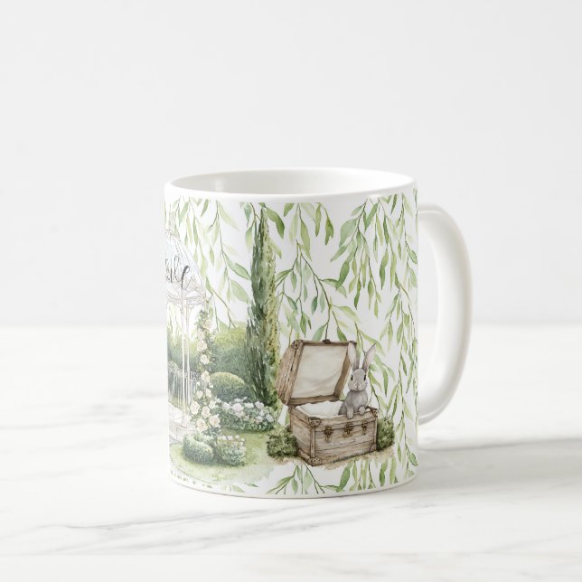 Bunny in Chest Green Leaves Floral Kaffemugg (Framsida höger)