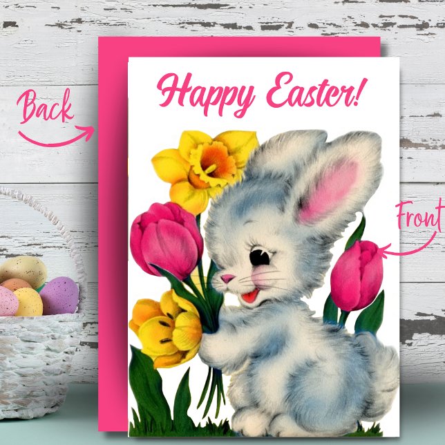 Bunny in Flowers Glad påsk Anpassningsbar Retro Julkort (Bunny In Flowers Happy Easter Custom Retro Holiday Card. Add your name and/or a special message!)