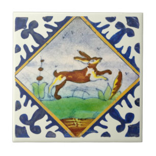 Bunny kanin 1650s Delft Polychrome Repro Kakelplatta