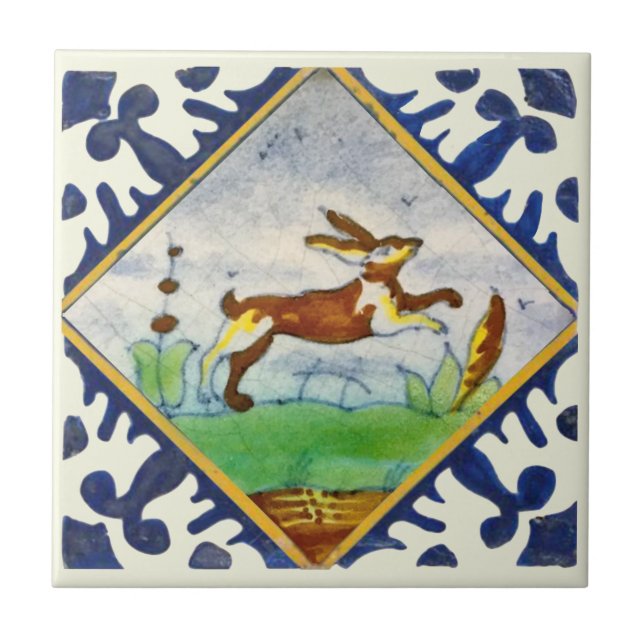 Bunny kanin 1650s Delft Polychrome Repro Kakelplatta (Framsidan)