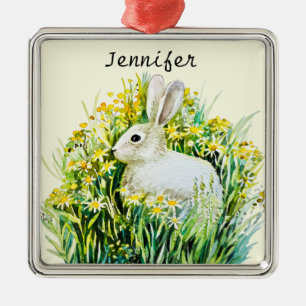 Bunny kanin och gula blommor julgransprydnad metall