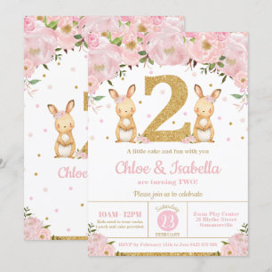 Bunny kanin Twin Girls 2:a födelsedagen Twillingar Inbjudningar