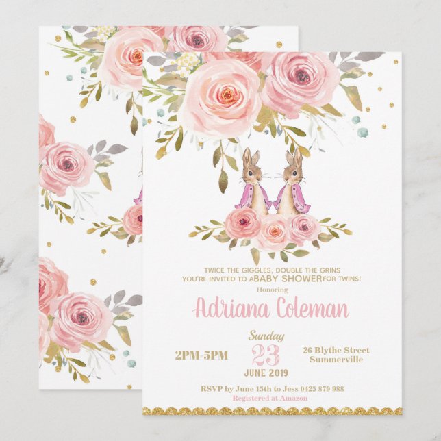 Bunny kanin Twin Girls Baby Shower-inbjudan Inbjudningar (Fram/baksida)