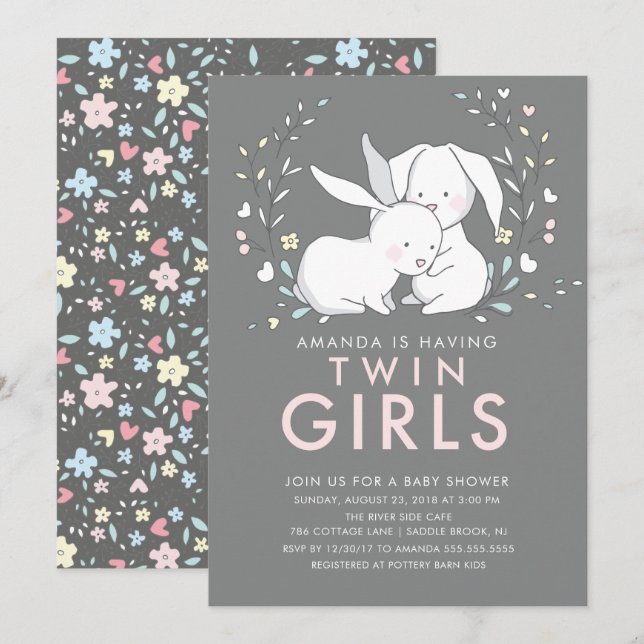 Bunny Kärlek Twin Girls Baby Shower-inbjudan Inbjudningar (Fram/baksida)