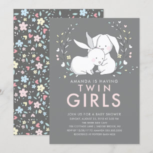 Bunny Kärlek Twin Girls Baby Shower-inbjudan Inbjudningar