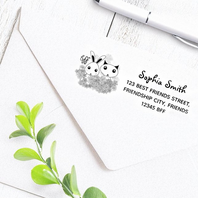 Bunny Kitten Animal Friends Kids Returadress Självfärgande Stämpel (Skapare uppladdad)