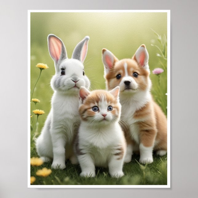 Bunny Kitten Puppy Meadow Wall Art Decor Poster (Framsidan)